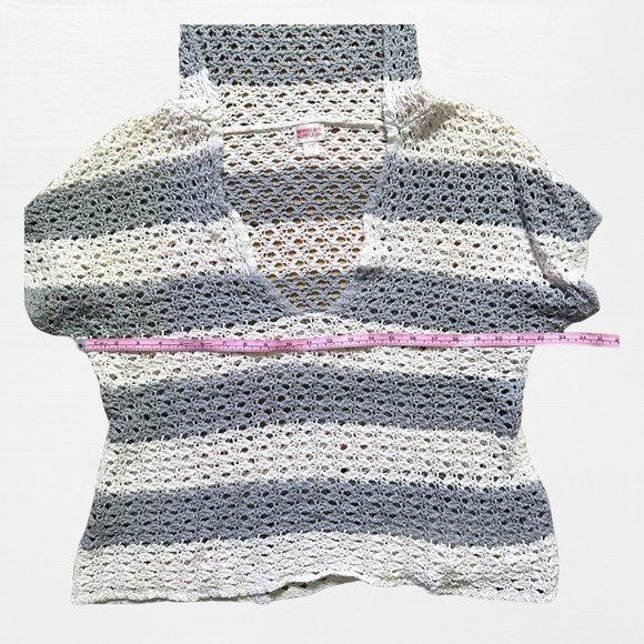SOLD grey and white striped knit short sleeve low cut sweater hood mossimo XXL - Picture 9 of 11